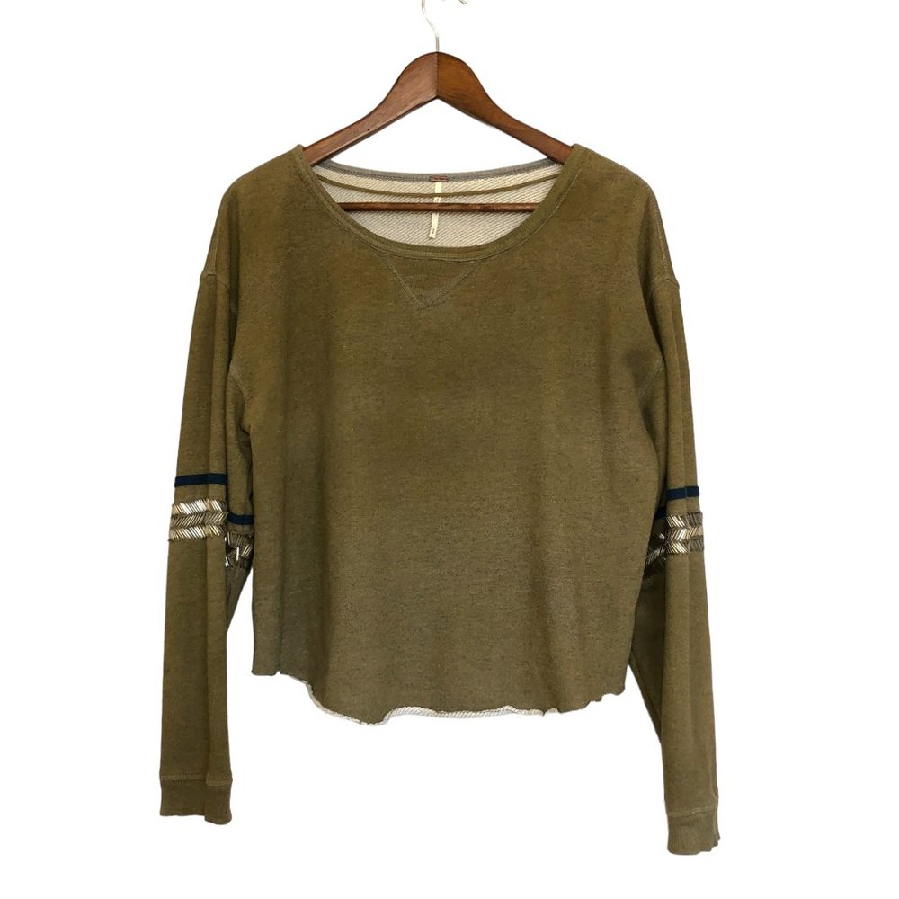 Free People Olive Green Long Sleeve Sweatshirt with Sleeve Metallic Trim